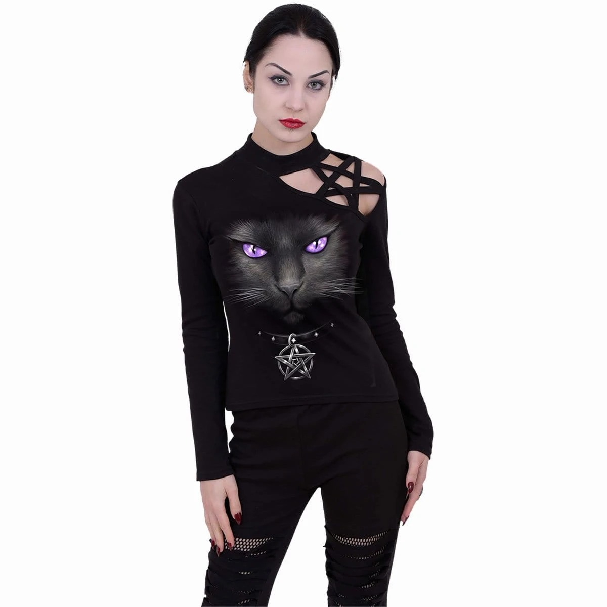 Spiral BLACK CAT - Pentagram Shoulder Longsleeve Top - Image 2