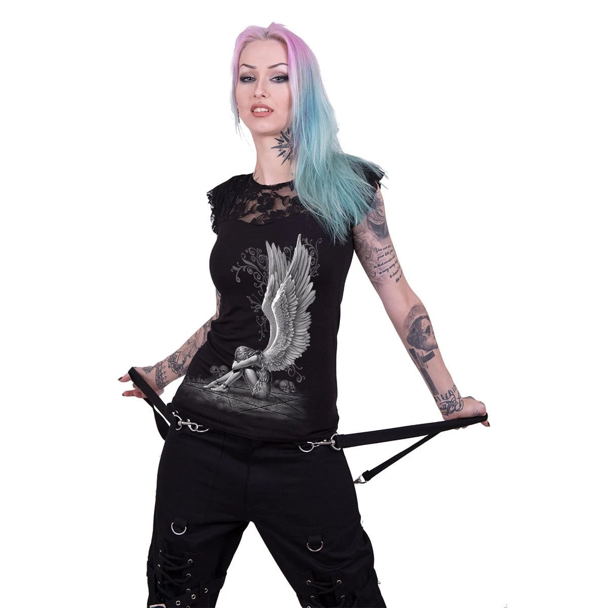 Spiral ENSLAVED ANGEL - Lace Layered Cap Sleeve Top Black - Image 2
