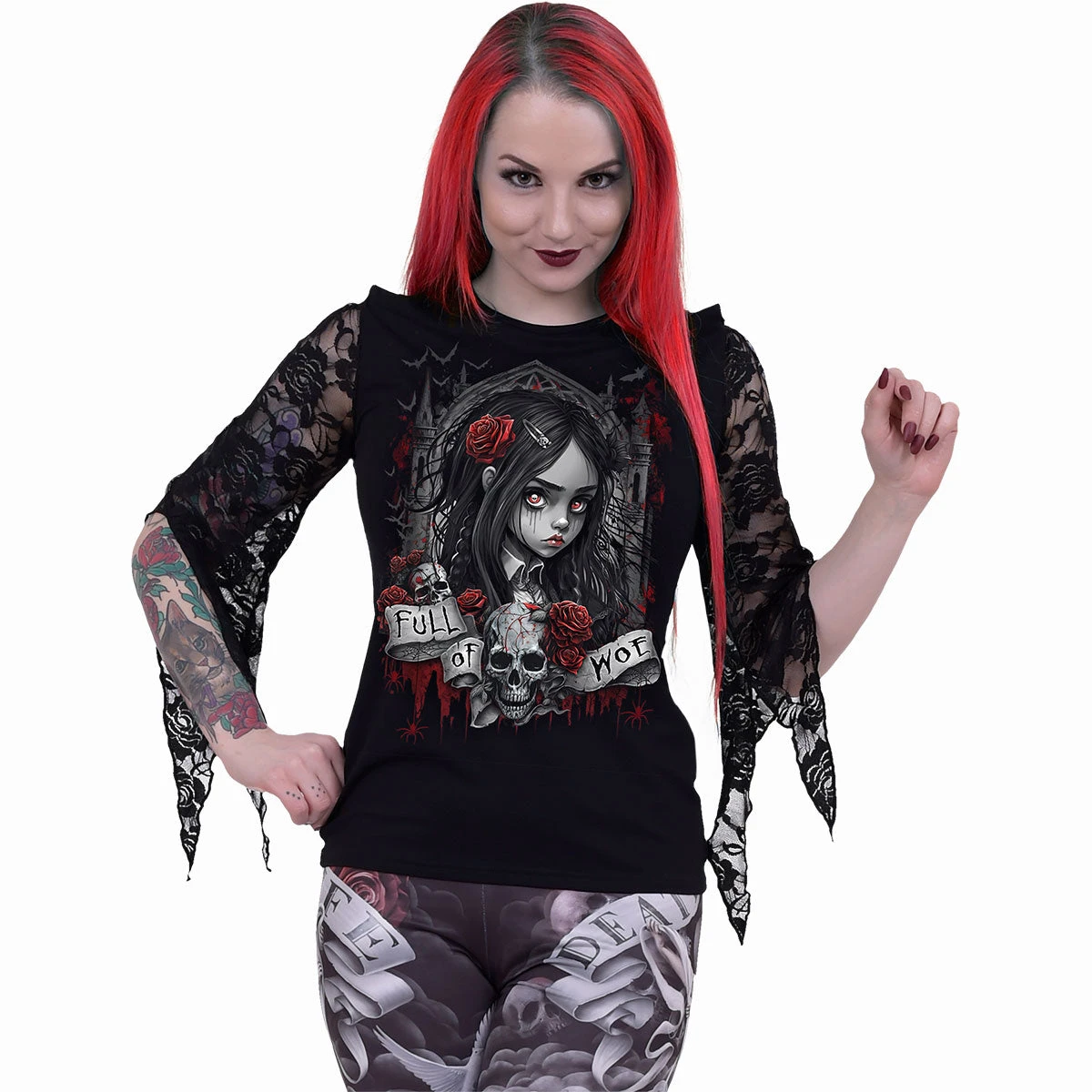 Spiral FULL OF WOE - Rose Lace Sleeve Top - Image 2