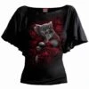 Spiral BED OF ROSES - Boat Neck Bat Sleeve Top Black
