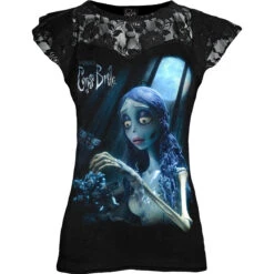 Spiral CORPSE BRIDE - GLOW IN THE DARK - Lace Layered Cap Sleeve Top Black