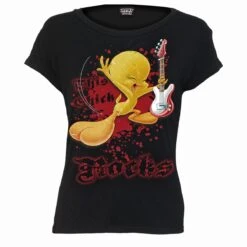 Spiral TWEETY - THIS CHICK ROCKS - Boatneck Cap Sleeve Top Black