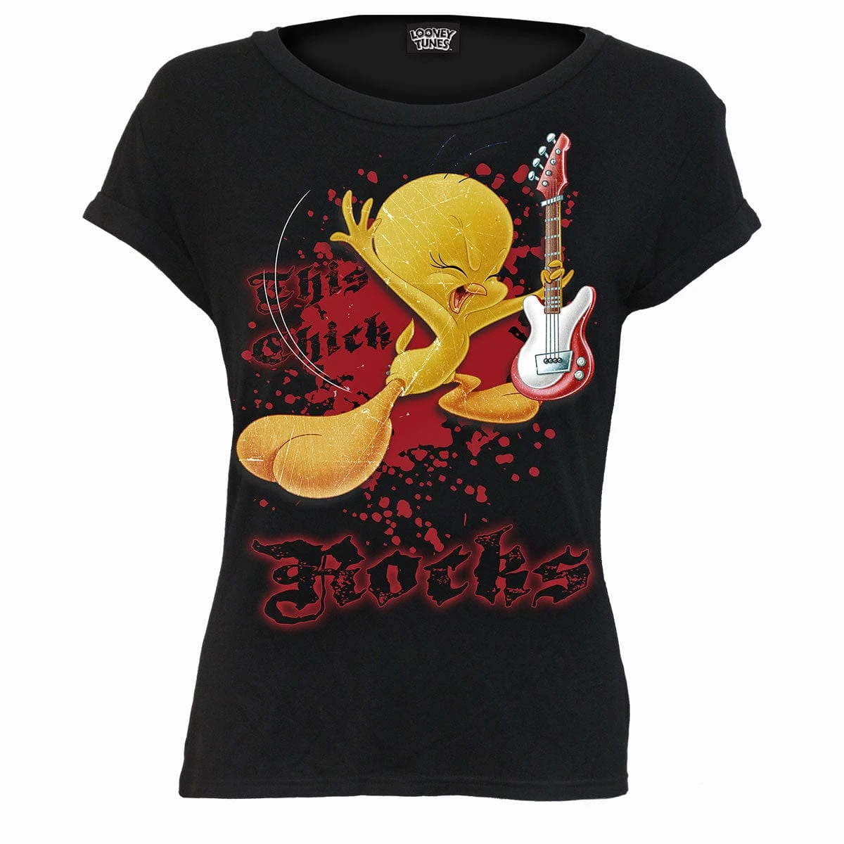 Spiral TWEETY - THIS CHICK ROCKS - Boatneck Cap Sleeve Top Black