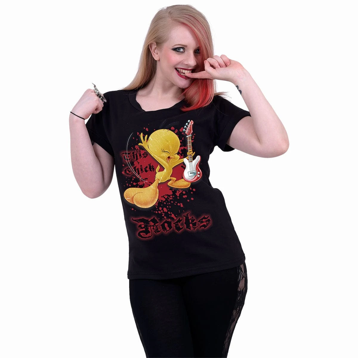 Spiral TWEETY - THIS CHICK ROCKS - Boatneck Cap Sleeve Top Black - Image 2