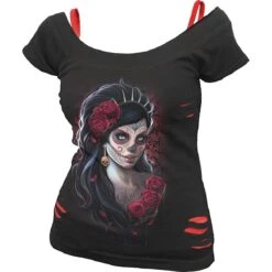 Spiral DAY OF THE DEAD - 2in1 Red Ripped Top Black