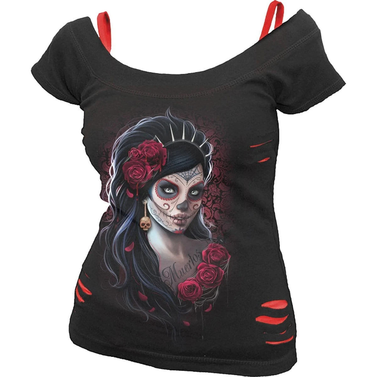 Spiral DAY OF THE DEAD - 2in1 Red Ripped Top Black