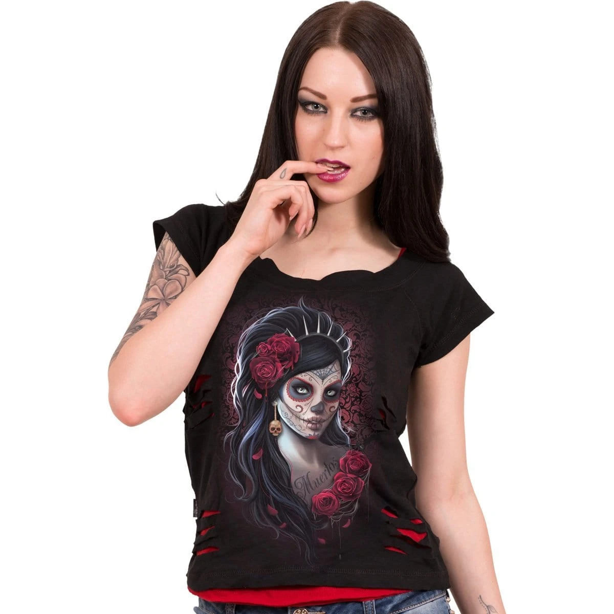 Spiral DAY OF THE DEAD - 2in1 Red Ripped Top Black - Image 2