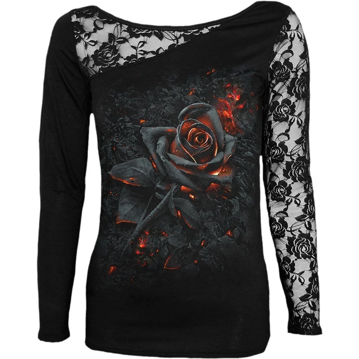 Spiral BURNT ROSE - Lace One Shoulder Top Black