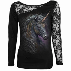 Spiral CELTIC UNICORN - Lace One Shoulder Top Black