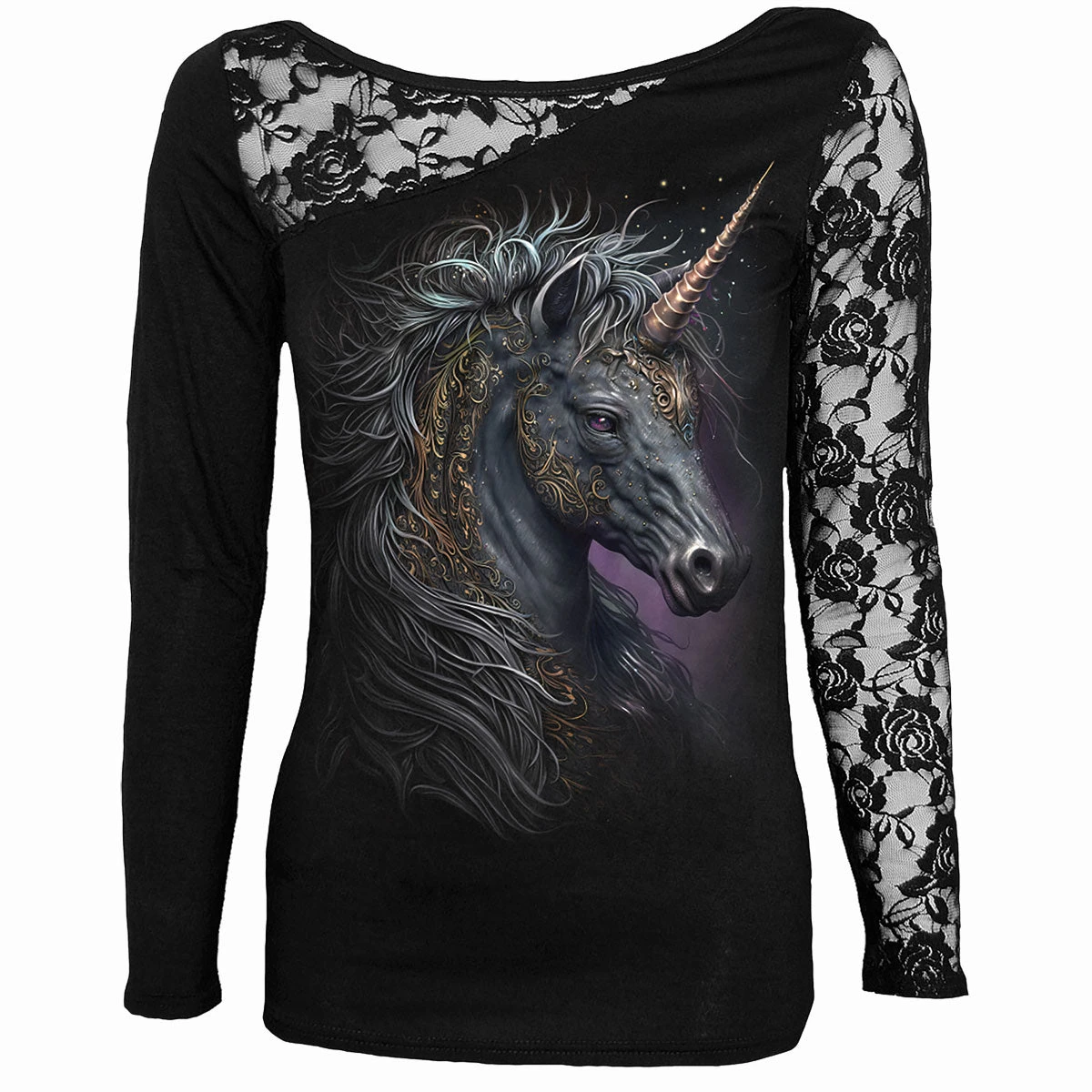 Spiral CELTIC UNICORN - Lace One Shoulder Top Black