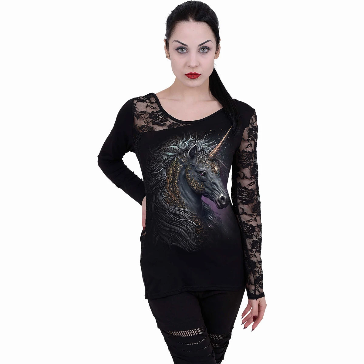 Spiral CELTIC UNICORN - Lace One Shoulder Top Black - Image 2
