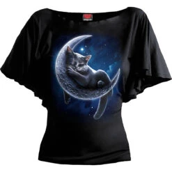 Spiral VELVET MOON - Boat Neck Bat Sleeve Top Black