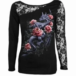 Spiral DRAGON ROSE SLANT - Lace One Shoulder Top Black