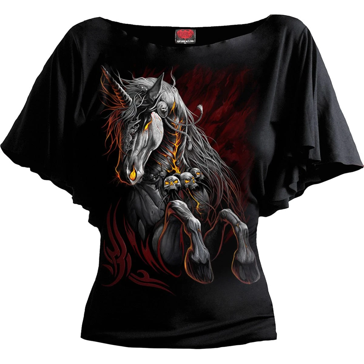Spiral INFERNAL UNICORN - Boat Neck Bat Sleeve Top Black