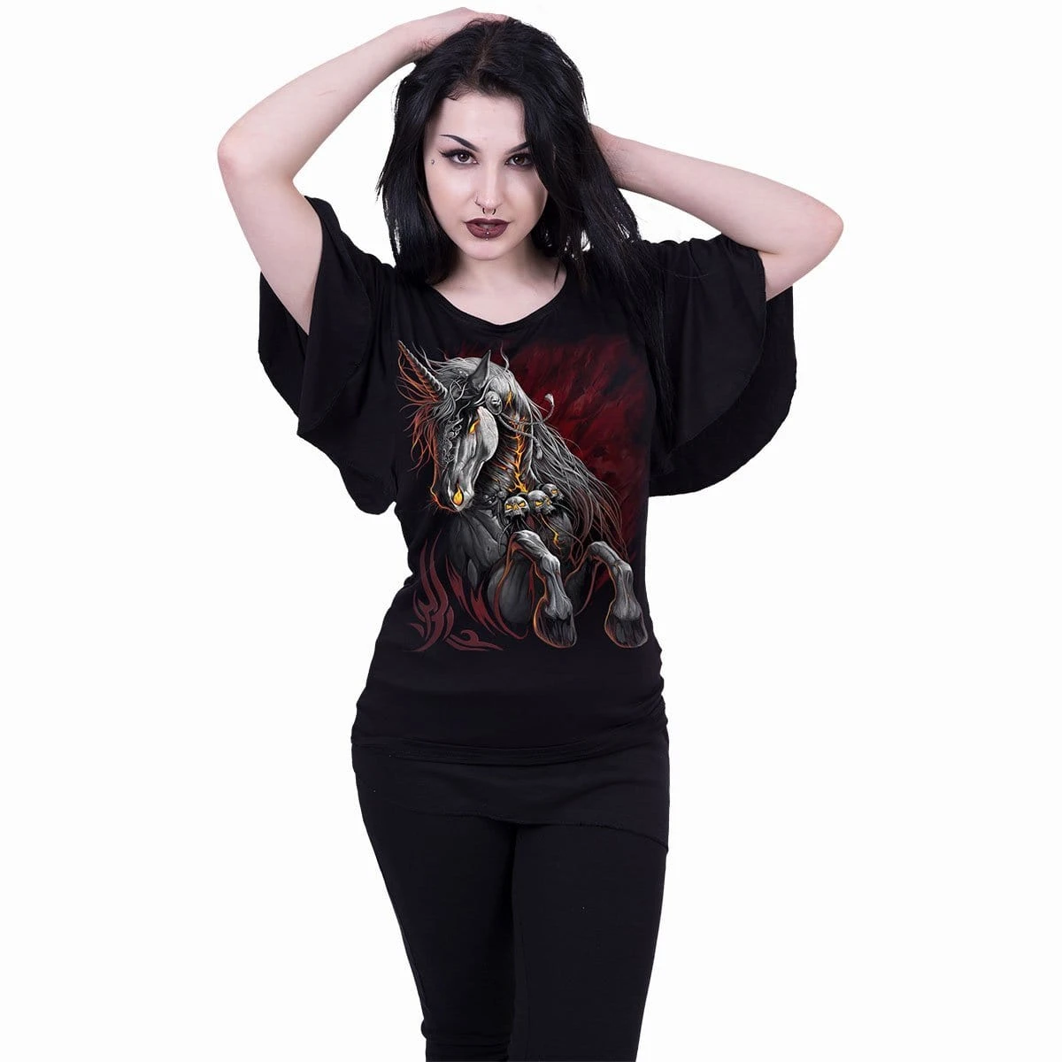 Spiral INFERNAL UNICORN - Boat Neck Bat Sleeve Top Black - Image 3
