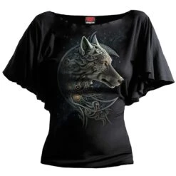 Spiral CELTIC WOLF - Boat Neck Bat Sleeve Top Black